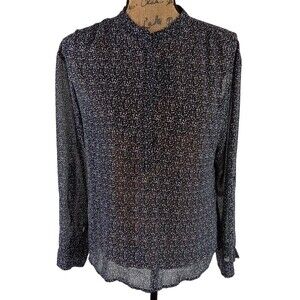 a.n.a. Top M Black White Dot Blouse Long Sleeve Shirt Button Semi Sheer Pullover